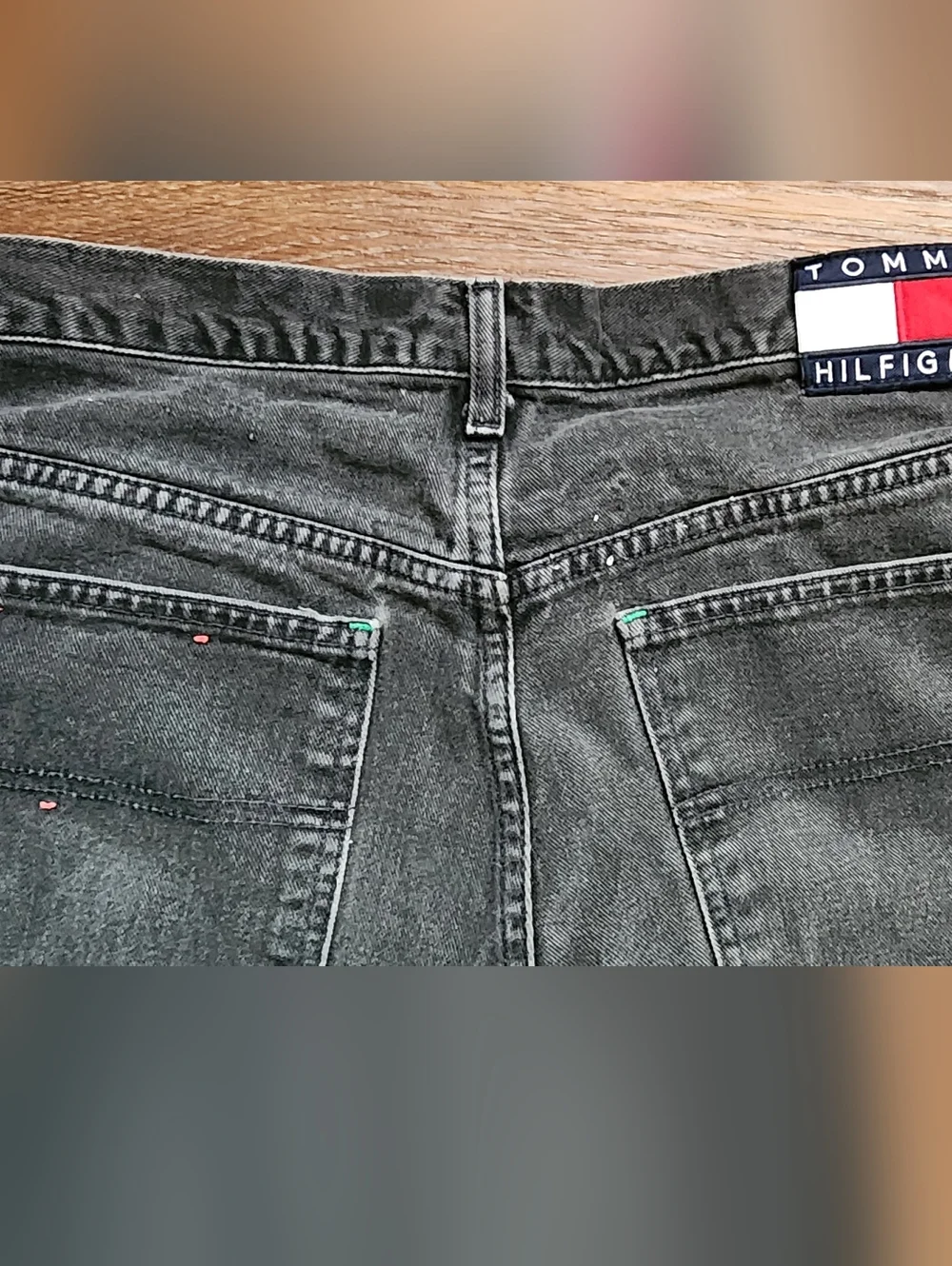 VTG Y2K TOMMY HILFIGER Baggy Wide Leg Carpenter Black Jeans Raw Hem Sz W36x32